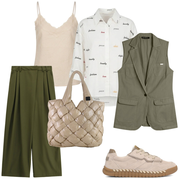 Outfit donna - Pronta per l\'università. Stile Casual chic per Scuola/Università. Abbinamento con pantaloni a palazzo, gilet, borse tote, camicie, top, sneakers.
