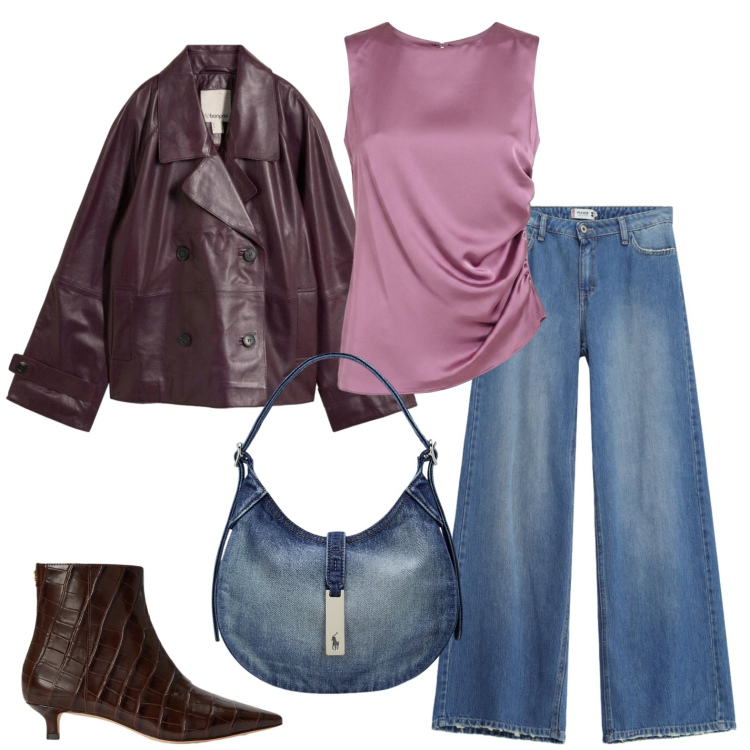 Outfit donna - Autunno in città. Stile Trendy per Tutti i giorni. Abbinamento con caban, canottiere, jeans dritti, borse a spalla, stivaletti.