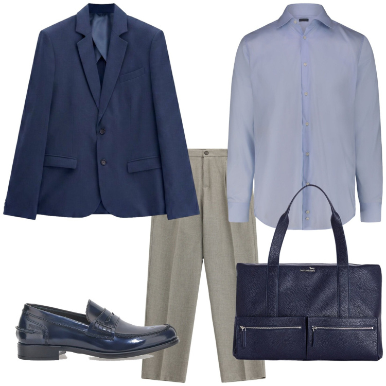 Outfit uomo - Direzione congresso. Stile Business/Elegante per Ufficio. Abbinamento con borse sportive, giacche, pantaloni, camicie, scarpe stringate.