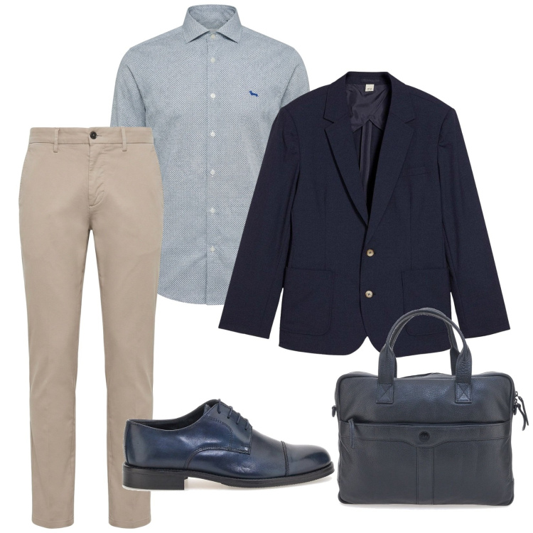 Outfit uomo - Office. Stile Business/Elegante per Ufficio. Abbinamento con giacche, camicie, pantaloni, scarpe stringate, borse sportive.