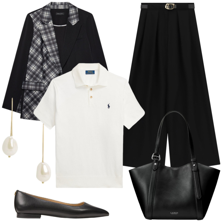 Outfit donna - Total look #2462511. Stile Casual chic per Ufficio. Abbinamento con pantaloni a palazzo, blazer, ballerine, t-shirt, borse tote, orecchini.
