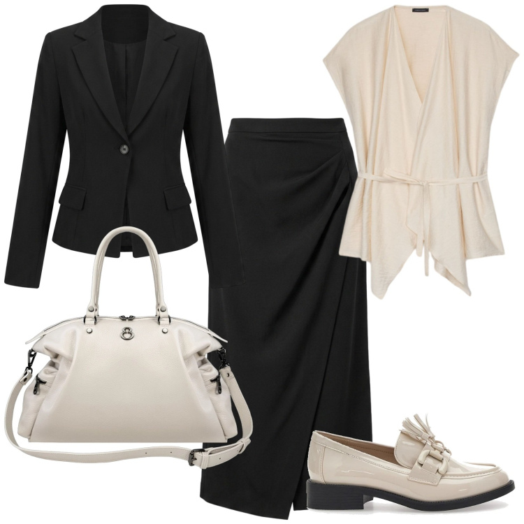 Outfit donna - Longuette chic. Stile Chic per Ufficio. Abbinamento con caftani, shopping bag, gonne lunghe, blazer, mocassini.