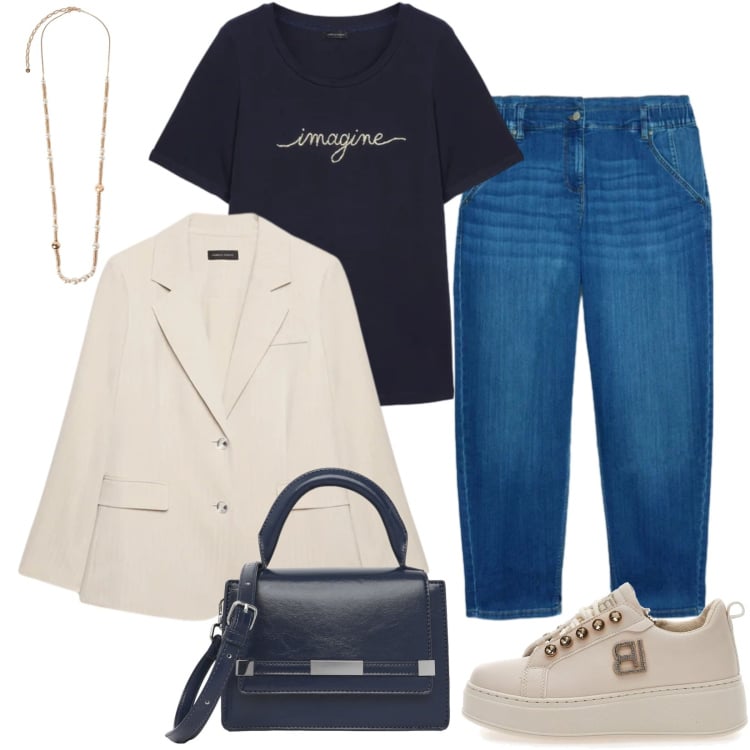 Outfit donna - Fiorella rubino. Stile Casual per Ufficio. Abbinamento con borse a tracolla, blazer, collane, t-shirt, jeans, sneakers.