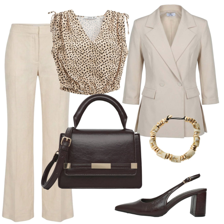Outfit donna - Raffinata. Stile Chic per Ufficio. Abbinamento con borse a tracolla, décolleté, blazer, top, braccialetti, pantaloni.