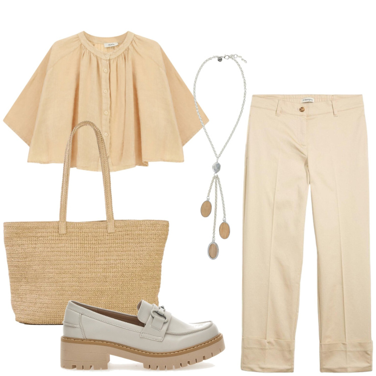 Outfit donna - Total look #2462592. Stile Casual chic per Tutti i giorni. Abbinamento con shopping bag, pantaloni chino, collane, camicie a manica corta, mocassini.