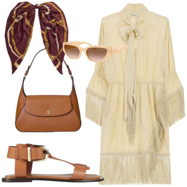 Outfit donna - Settembre. Stile Casual per Tutti i giorni. Abbinamento con sandali alla schiava, vestiti corti, occhiali da sole, borse a spalla, foulard.