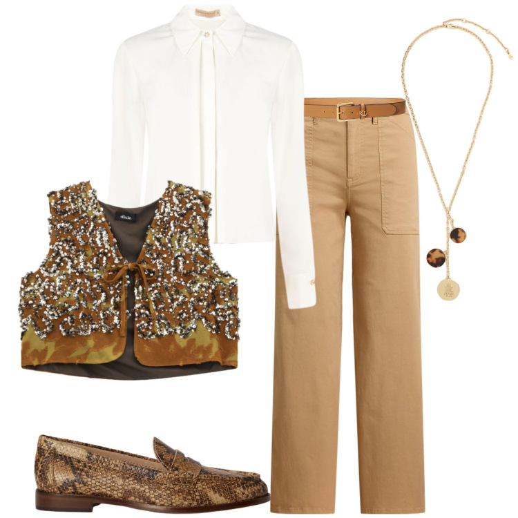 Outfit donna - Office casual chic. Stile Casual chic per Ufficio. Abbinamento con gilet, camicie, cinture, pantaloni, collane, mocassini.