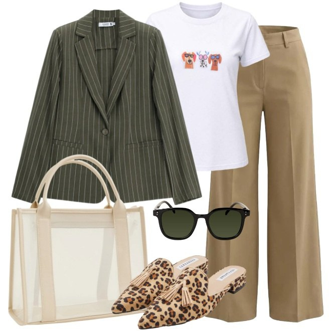 Outfit donna - Blazer gessato per l\'università. Stile Urban per Scuola/Università. Abbinamento con borse tote, sabot, pantaloni a palazzo, t-shirt, blazer, occhiali da sole.