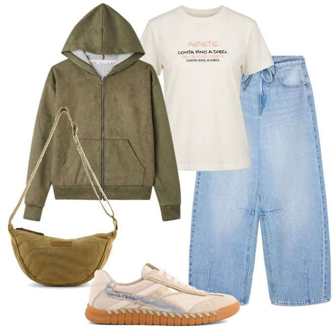 Outfit donna - Felpa con cappuccio. Stile Casual per Scuola/Università. Abbinamento con jeans, felpe con cappuccio, t-shirt, sneakers, borse a tracolla.
