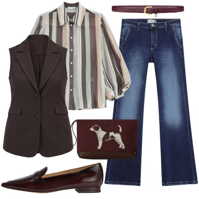 Outfit donna - Gilet per l\'ufficio. Stile Casual chic per Ufficio. Abbinamento con gilet, camicie, jeans, cinture, pochette, mocassini.