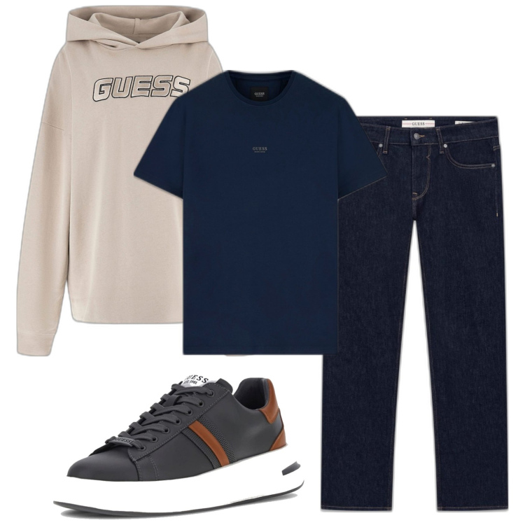 Outfit hombre - Casual. Estilo Casual para Todos los días. Combinación con vaqueros slim fit, sudaderas con capucha, sneakers, camiseta.
