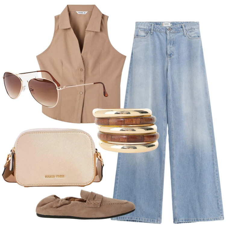 Outfit donna - Neutro ma vivace. Stile Trendy per Tutti i giorni. Abbinamento con borse a tracolla, occhiali da sole, braccialetti, mocassini, top, jeans.