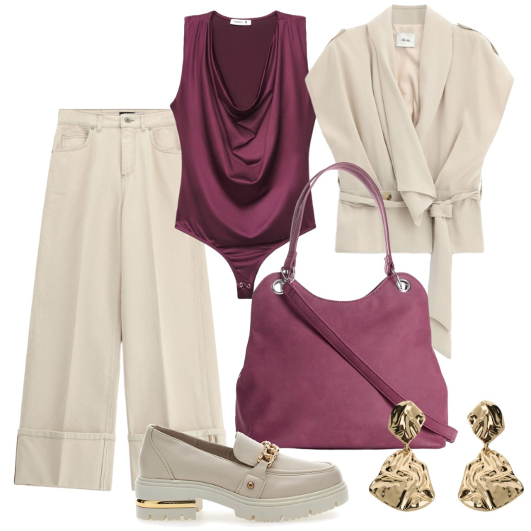 Outfit donna - Settembre. Stile Trendy per Tutti i giorni. Abbinamento con borse a mano, blazer, pantaloni a palazzo, orecchini, body, mocassini.