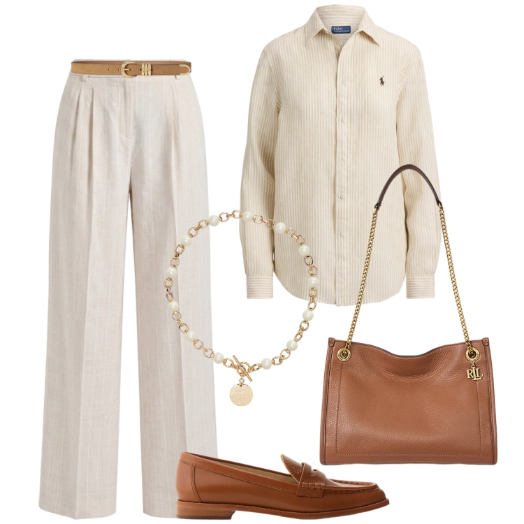 Outfit donna - Panna e cuoio in ufficio. Stile Glamour per Ufficio. Abbinamento con pantaloni, collane, borse tote, camicie, mocassini, cinture.