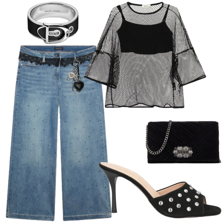 Outfit donna - Serata spensierata. Stile Casual chic per Serata fuori. Abbinamento con sandali in pelle, top, jeans, anelli, borse a tracolla.