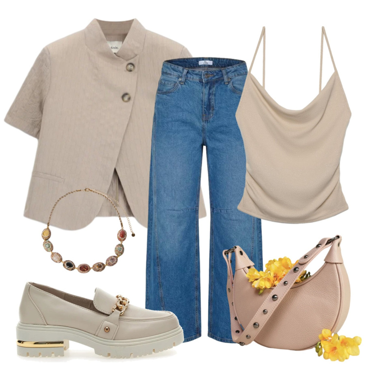 Outfit donna - Mood neutro. Stile Casual chic per Tutti i giorni. Abbinamento con blazer, borse a spalla, canottiere, jeans, collane, mocassini.