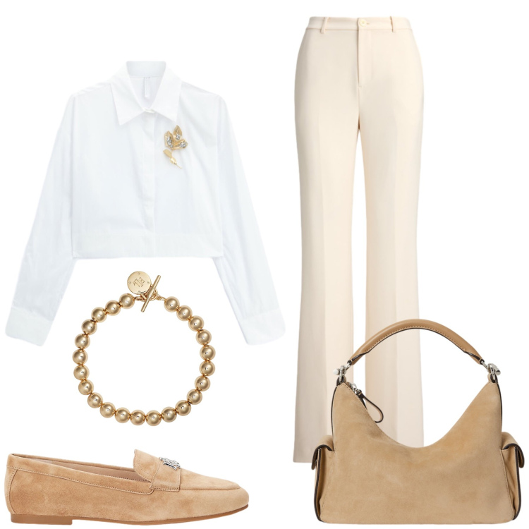 Outfit donna - Total look #2462670. Stile Glamour per Tutti i giorni. Abbinamento con camicie, mocassini, pantaloni, braccialetti, borse a spalla.