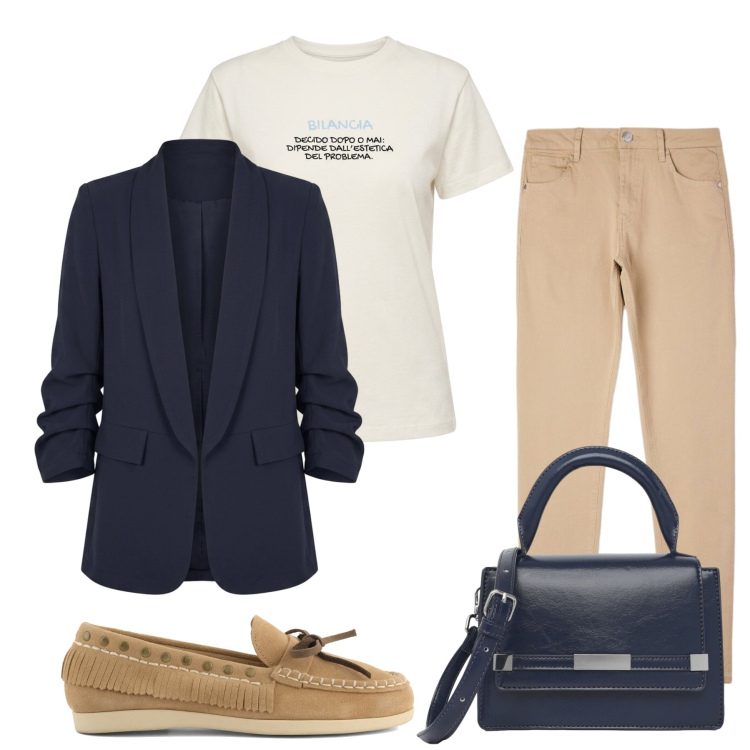 Outfit donna - Total look #2462672. Stile Preppy per Scuola/Università. Abbinamento con borse a tracolla, pantaloni skinny, blazer, t-shirt, mocassini.