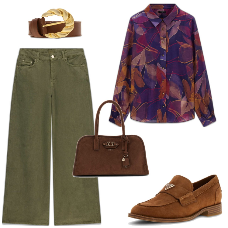 Outfit mujer - Casual #7899. Estilo Casual para Todos los días. Combinación con pantalones palazzo, bolsos de mano, camisas, mocasines, cinturones.