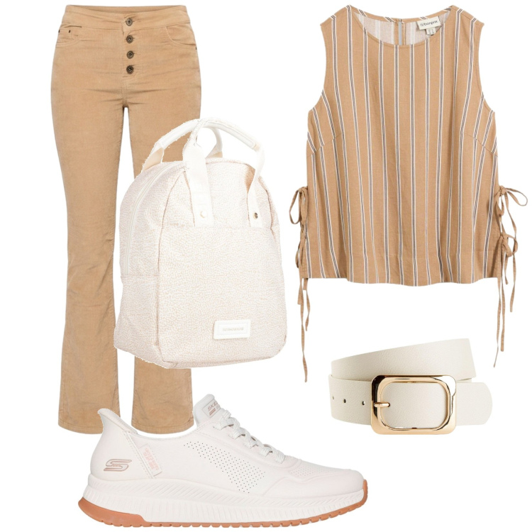 Outfit donna - Settembre. Stile Trendy per Tutti i giorni. Abbinamento con zaini, cinture, canottiere, pantaloni, sneakers.