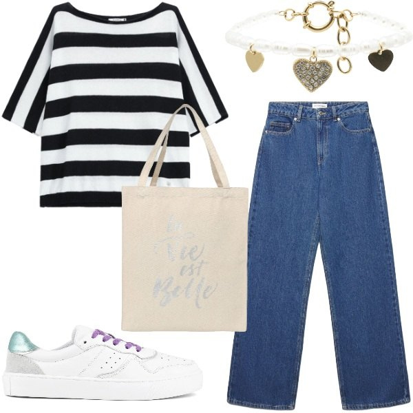 Outfit donna - Back to school. Stile Preppy per Scuola/Università. Abbinamento con jeans, borse tote, braccialetti, top, sneakers.