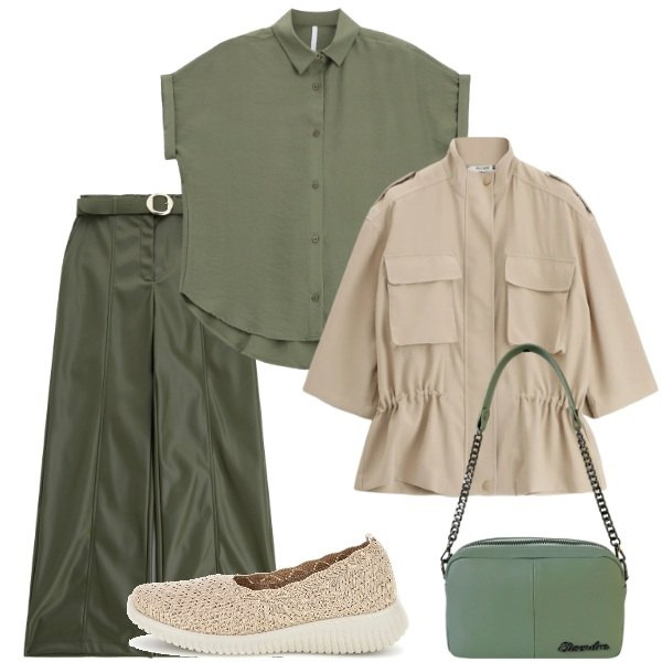 Outfit donna - Settembre. Stile Casual chic per Tutti i giorni. Abbinamento con camicie a manica corta, pantaloni, parka, borse a tracolla, ballerine.