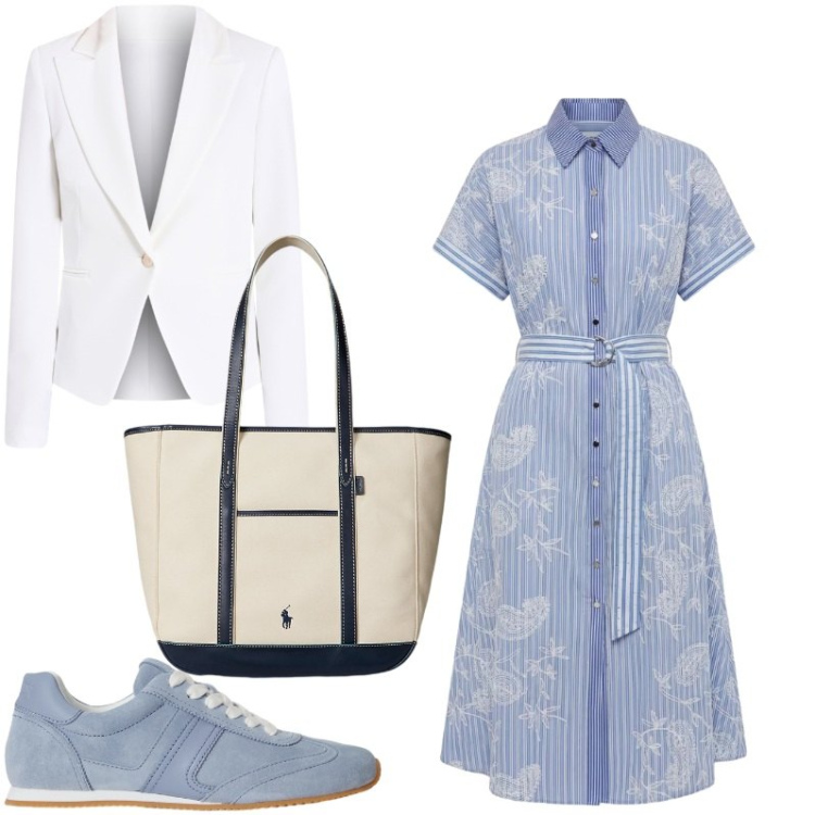 Outfit donna - Ufficio sporty. Stile Sporty chic per Ufficio. Abbinamento con vestiti chemisier, blazer, borse tote, sneakers.