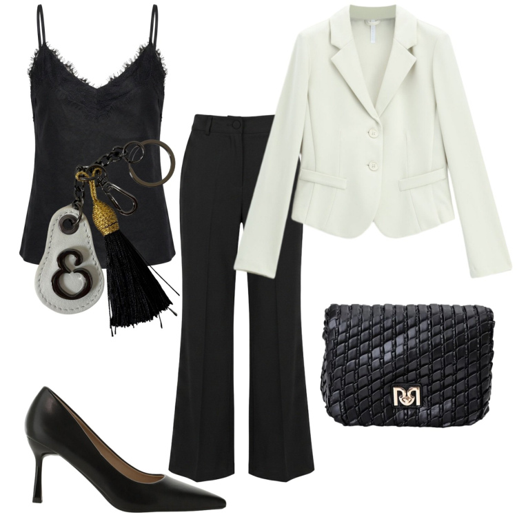 Outfit donna - Invitata. Stile Chic per Cerimonia. Abbinamento con blazer, décolleté, borse a tracolla, portachiavi, pantaloni, top.