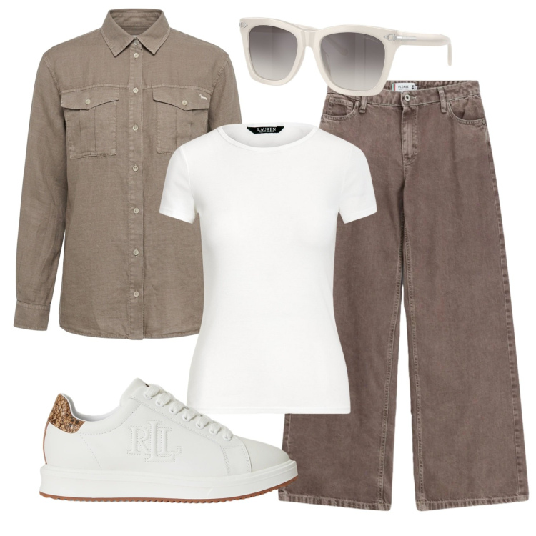 Outfit donna - Total look #2462723. Stile Urban per Scuola/Università. Abbinamento con camicie, jeans dritti, t-shirt, occhiali da sole, sneakers.