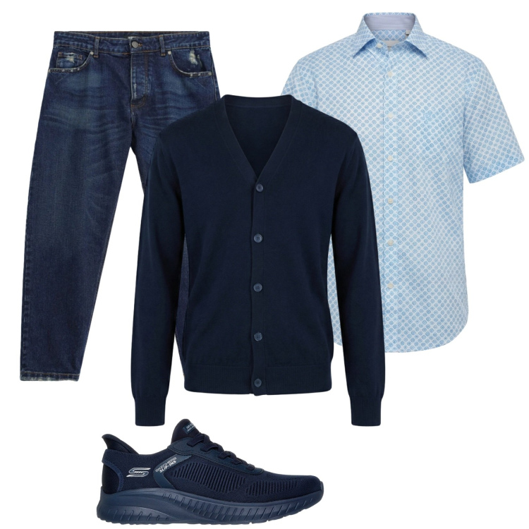 Outfit uomo - Settembre. Stile Trendy per Tutti i giorni. Abbinamento con cardigans, camicie a manica corta, jeans, sneakers.