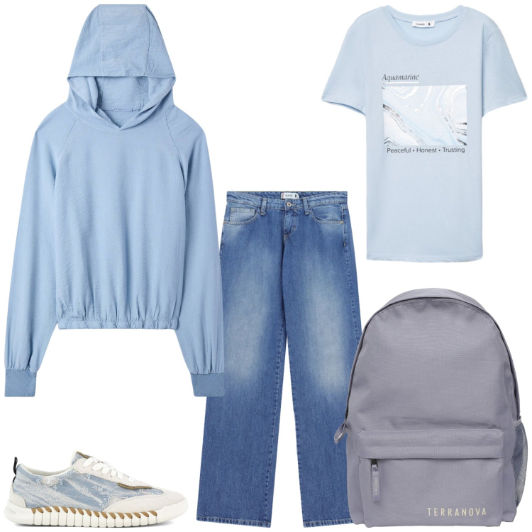 Outfit donna - Back to school - felpa. Stile Basic per Scuola/Università. Abbinamento con felpe con cappuccio, zaini, t-shirt, jeans dritti, sneakers.
