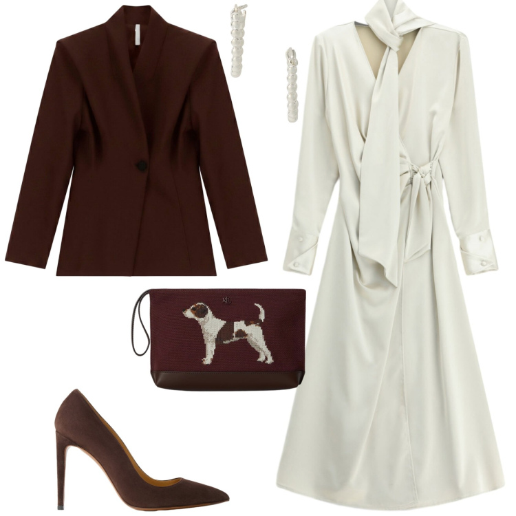 Outfit donna - Invito a cena a settembre. Stile Chic per Serata fuori. Abbinamento con vestiti lunghi, blazer, pochette, décolleté, orecchini.