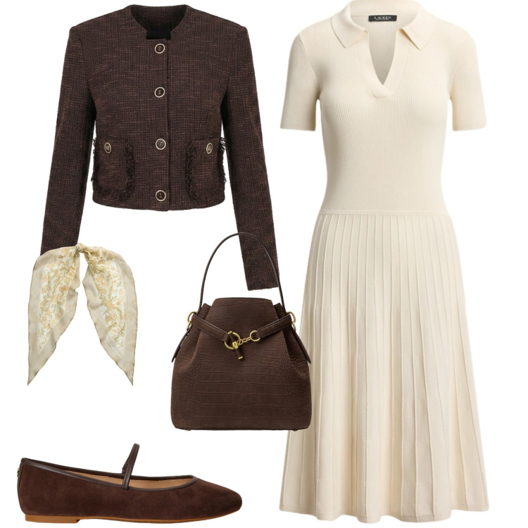 Outfit donna - Chic ufficio tempo libero. Stile Chic per Tutti i giorni. Abbinamento con blazer, vestiti, foulard, ballerine, borse a secchiello.