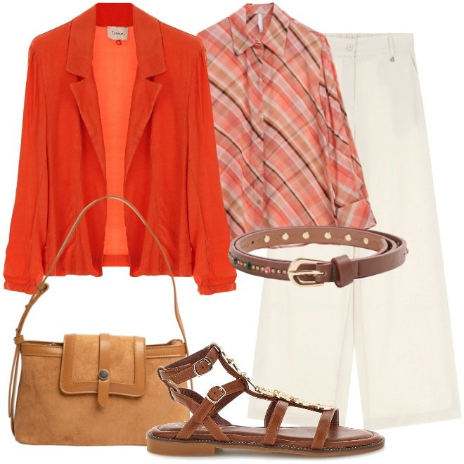 Outfit donna - Blazer colorato. Stile Casual chic per Ufficio. Abbinamento con camicie, pantaloni a palazzo, blazer, cinture, borse a tracolla, sandali.