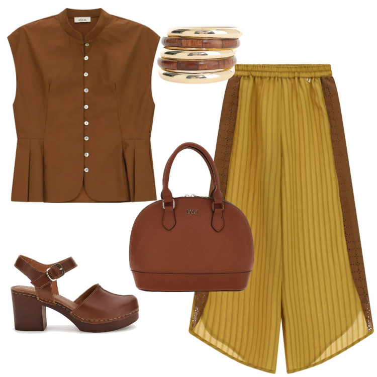 Outfit donna - Total look #2462745. Stile Casual chic per Ufficio. Abbinamento con pantaloni a palazzo, camicie, braccialetti, borse a mano, zoccoli.
