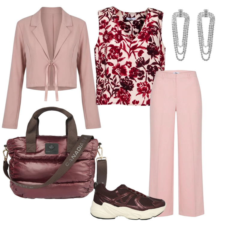 Outfit donna - Total look #2462757. Stile Casual chic per Scuola/Università. Abbinamento con orecchini, sneakers, canottiere, pantaloni a palazzo, borse a tracolla, bolero.
