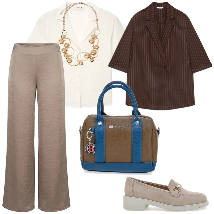 Outfit donna - In ufficio con eleganza. per Ufficio. Abbinamento con camicie a manica corta, blazer, collane, pantaloni a palazzo, borse a mano, mocassini.