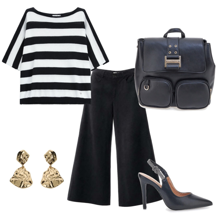 Outfit donna - Total look #2462760. Stile Casual chic per Ufficio. Abbinamento con orecchini, pantaloni a palazzo, top, décolleté, zaini.