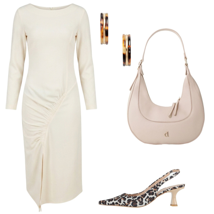 Outfit donna - Maculato ma poco. Stile Casual chic per Ufficio. Abbinamento con décolleté, borse a tracolla, vestiti midi/longuette, orecchini.