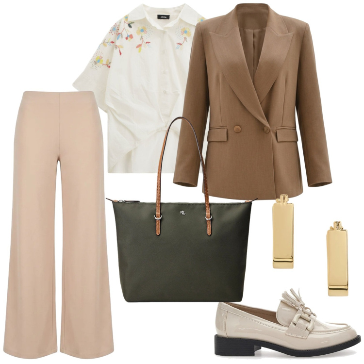 Outfit donna - In ufficio. per Ufficio. Abbinamento con camicie a manica corta, blazer, pantaloni a palazzo, borse tote, orecchini, mocassini.