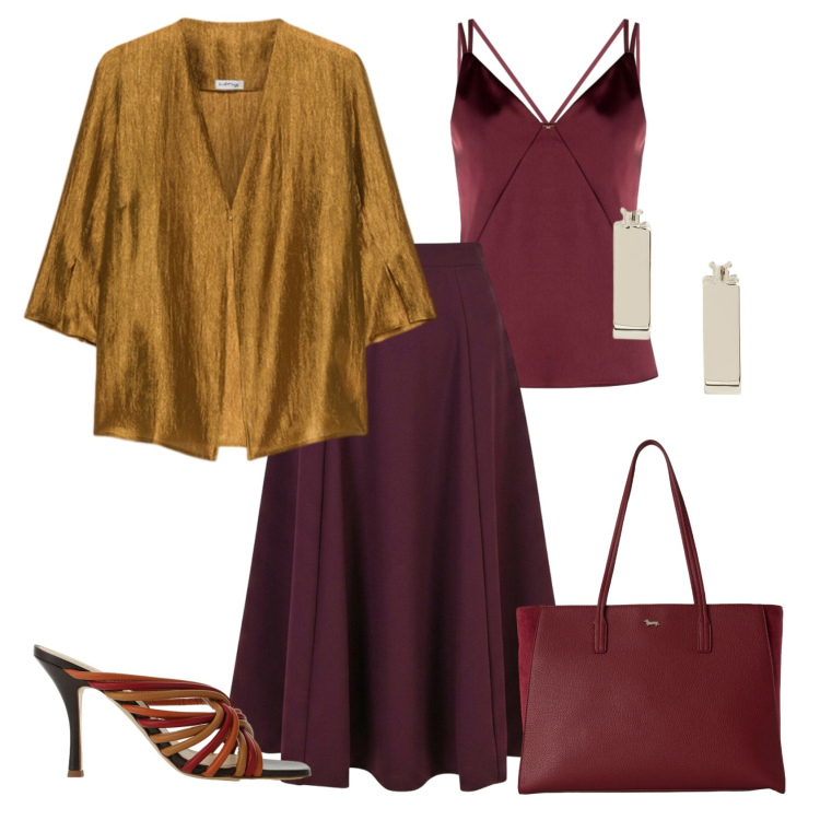 Outfit donna - Total look #2462768. Stile Casual chic per Ufficio. Abbinamento con shopping bag, sandali col tacco, gonne lunghe, top, blazer, orecchini.