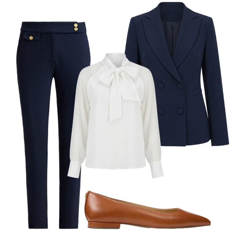 Outfit donna - Intramontabile blu. Stile Bon Ton per Ufficio. Abbinamento con blazer, bluse, ballerine, pantaloni.