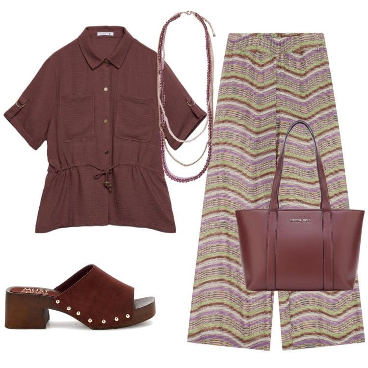 Outfit donna - Total look #2462778. Stile Casual chic per Ufficio. Abbinamento con pantaloni a palazzo, camicie a manica corta, collane, shopping bag, sandali col tacco.