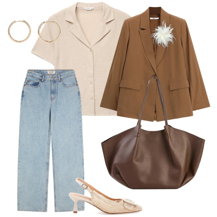 Outfit donna - Denim ufficio. per Ufficio. Abbinamento con shopping bag, orecchini, blazer, jeans, camicie a manica corta, scarpe col tacco.