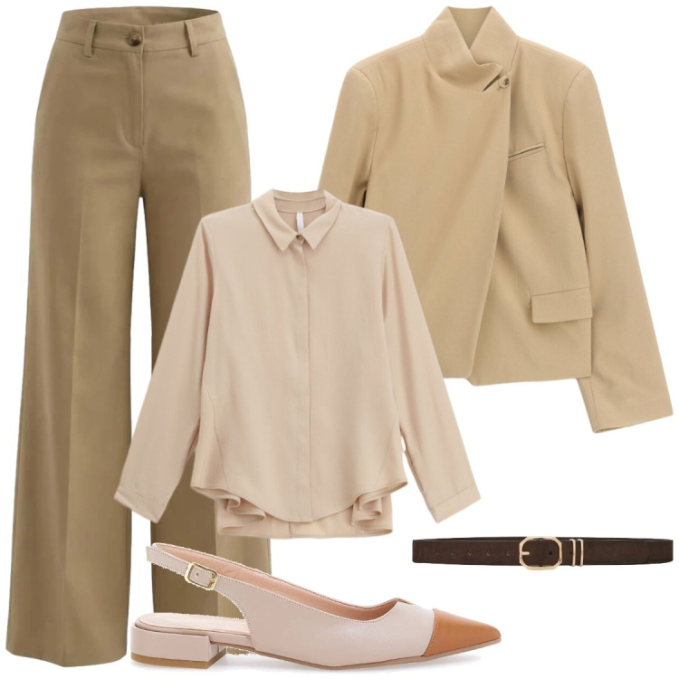 Outfit donna - Con stile in ufficio. Stile Chic per Ufficio. Abbinamento con camicie, blazer, cinture, pantaloni a palazzo, ballerine.