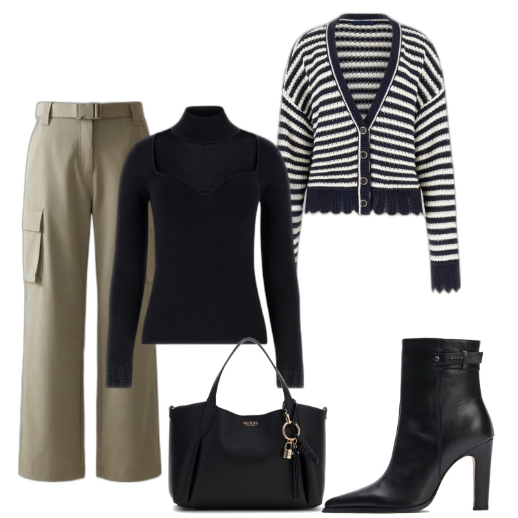 Outfit mujer - Casual #7913. Estilo Casual para Todos los días. Combinación con botas, cárdigans, pantalones cargo, bolsos de hombro, prendas de punto.