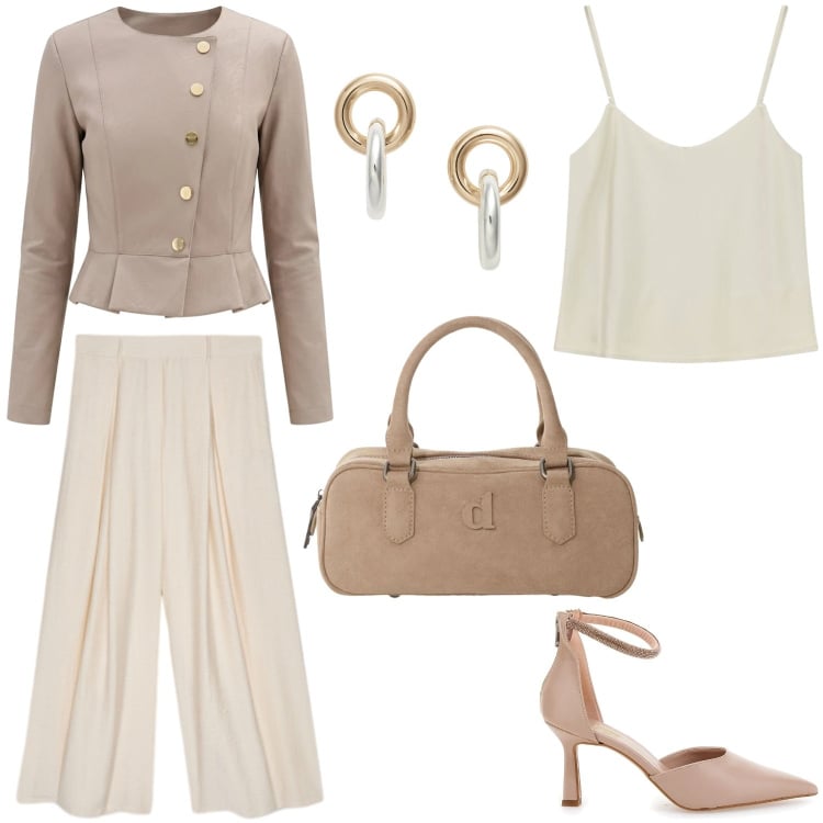Outfit donna - Rientro in Ufficio. per Ufficio. Abbinamento con top, borse a mano, blazer, pantaloni a palazzo, orecchini, décolleté.