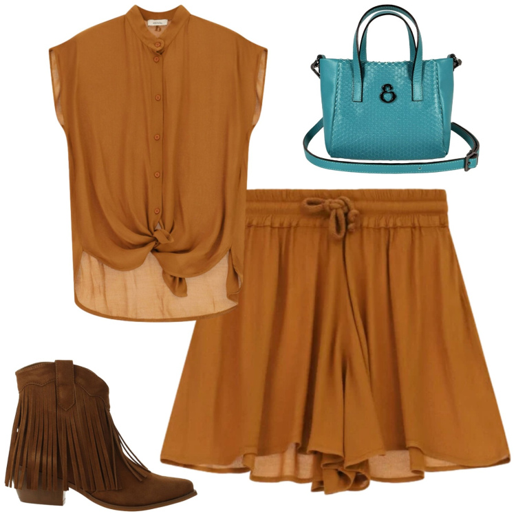 Outfit donna - City. Stile Trendy per Tutti i giorni. Abbinamento con stivaletti texani, minigonne, camicie a manica corta, borse a mano.