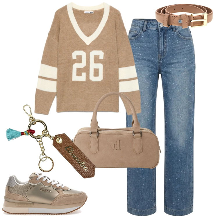 Outfit donna - City. Stile Casual chic per Tutti i giorni. Abbinamento con borse a mano, t-shirt sportive, portachiavi, jeans, sneakers, cinture.