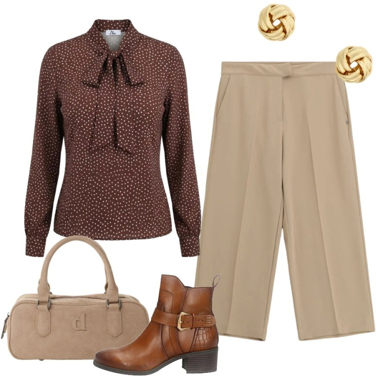 Outfit donna - Total look #2462818. Stile Romantica per Ufficio. Abbinamento con borse a mano, bluse, pantaloni, orecchini, stivaletti.